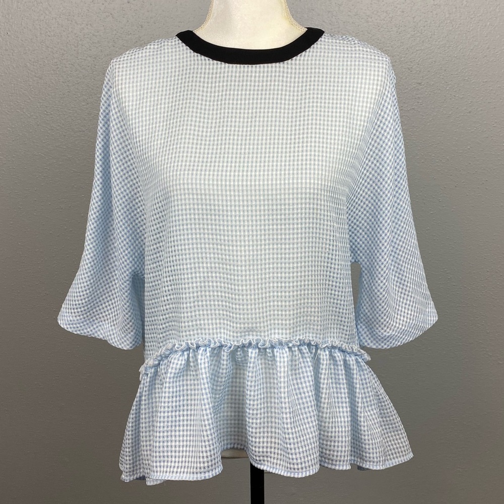 English Factory Gingham Blue White Oversize Peplum Ruffle Top -Size Medium